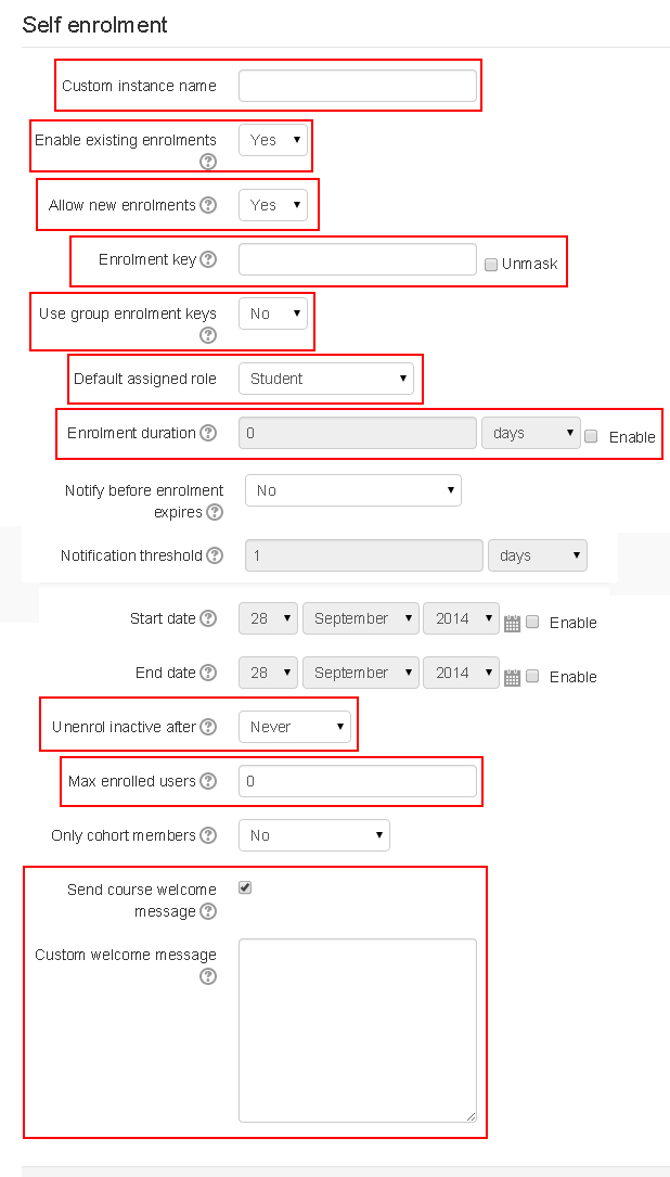 Self enrolment settings