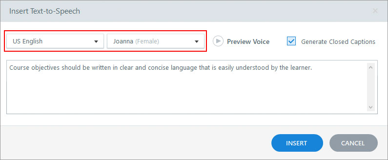 text-to-speech choice language and voice