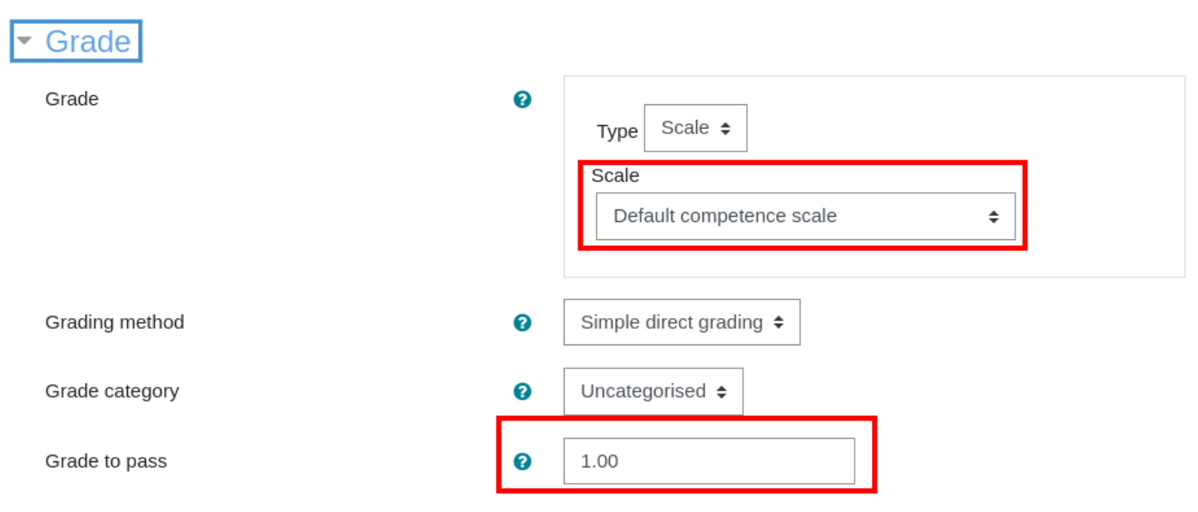 Set up using the scale grade type with the Default competence scale selected with a grade of 1 required to pass