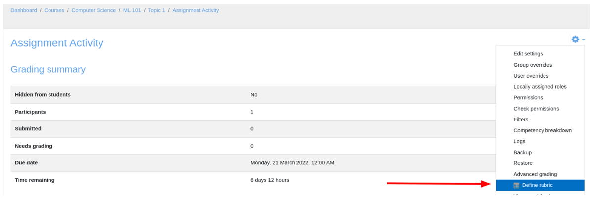 Select the Define rubric option