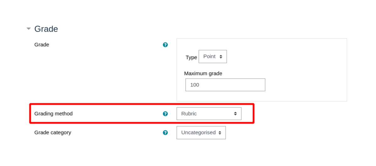 Select the grading method and set it to Rubric