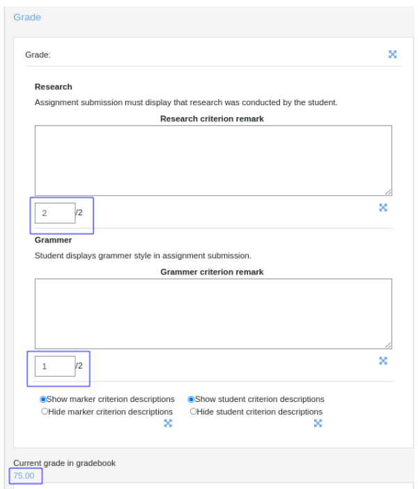 Moodle marking guide advanced grading method