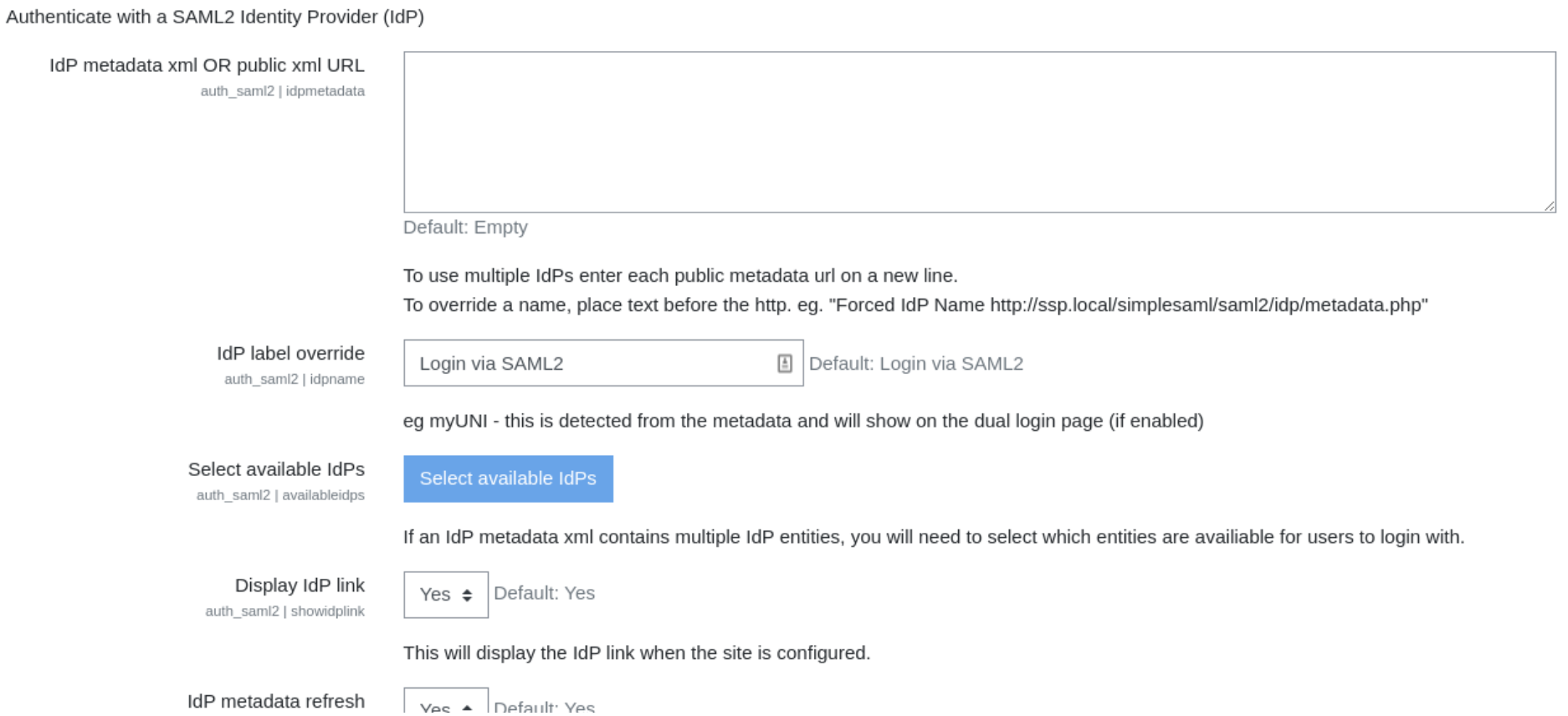 Moodle SAML2 settings